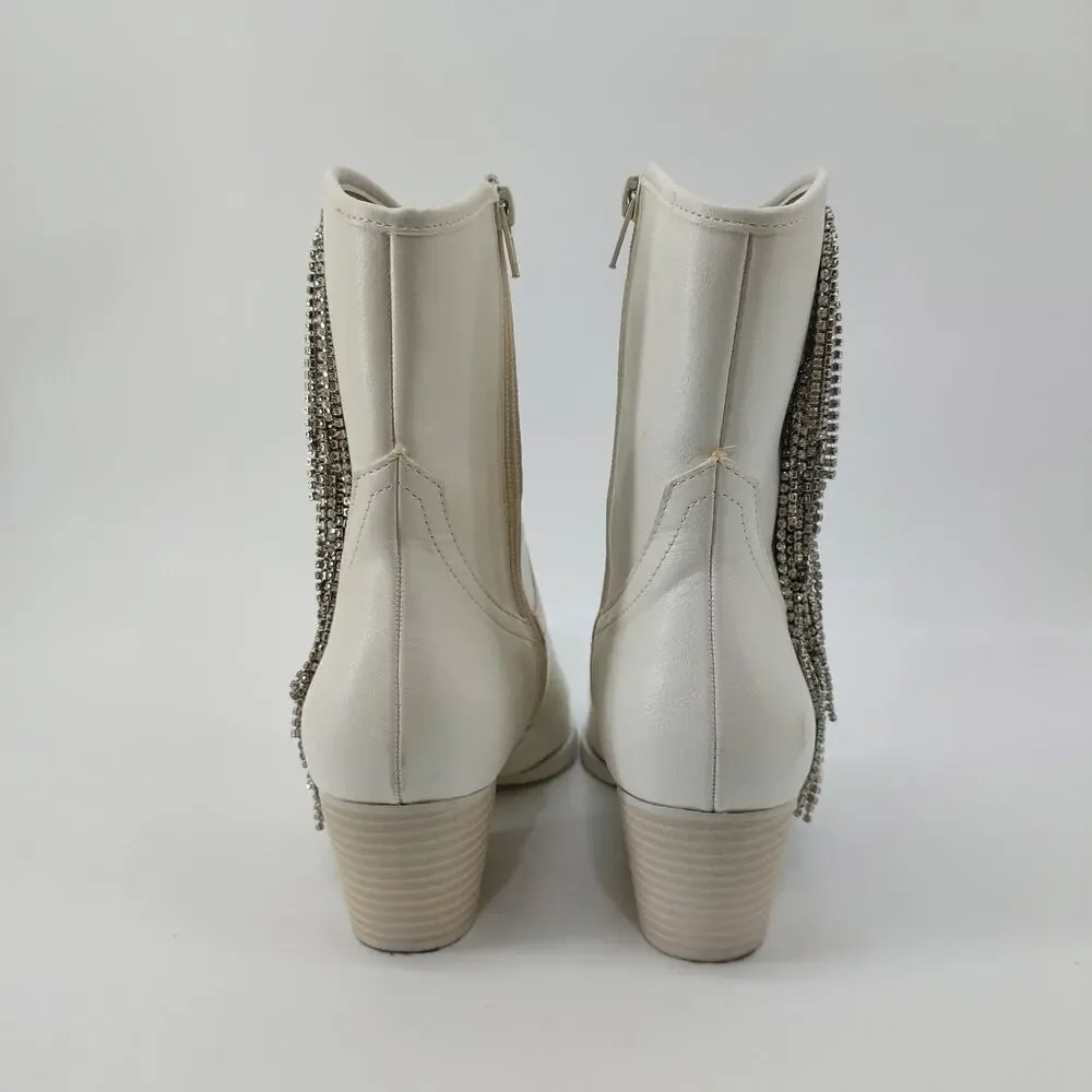Altar'd State White Western Boot Rhinestone Fringe Ankle 8 - Picture 4 of 11